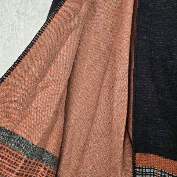 Reversible Acrylic Poncho Shawl With Plaid & Solid Pattern In Black & Orange - Picture 3 of 5